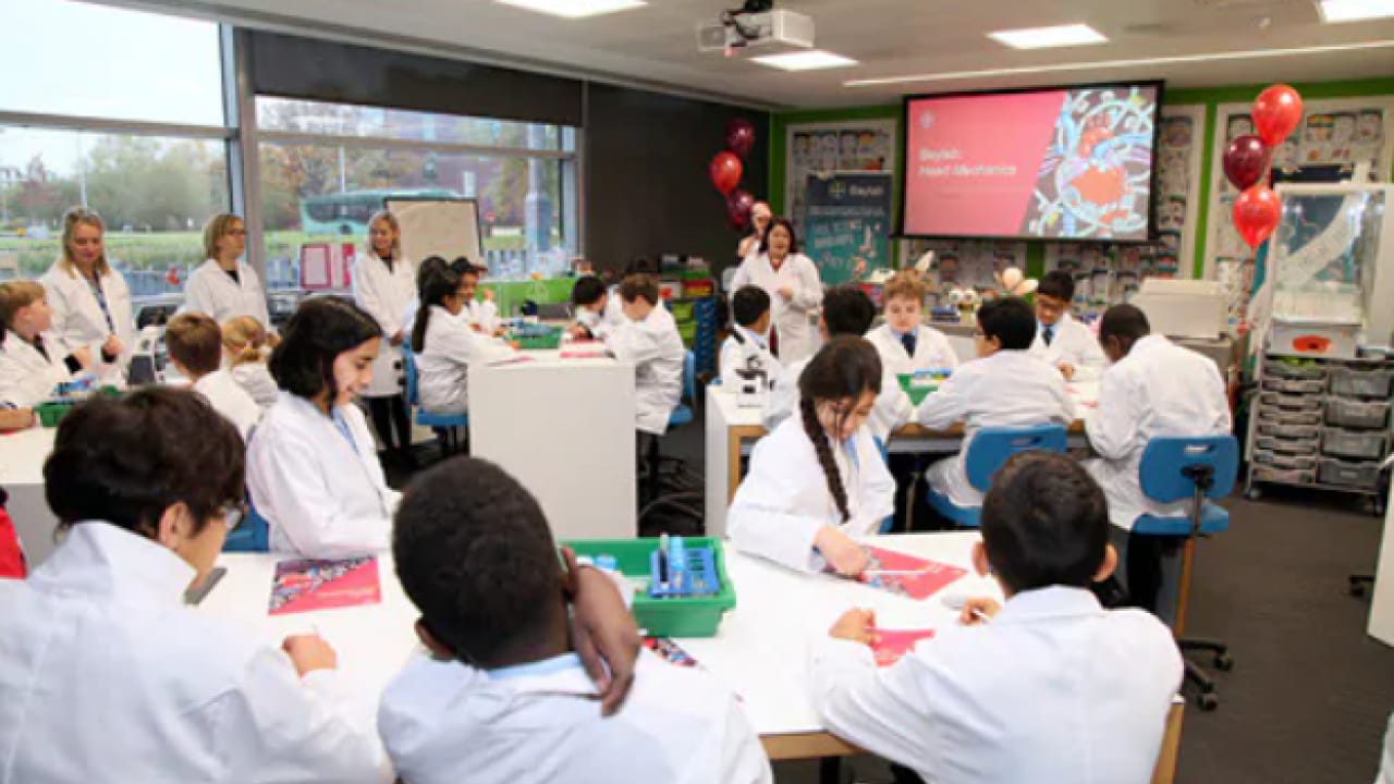 Students in lab coats participate in a classroom activity, sitting at tables with worksheets. A presentation titled "Biotech: Heart Valves" is displayed on a screen in the background.