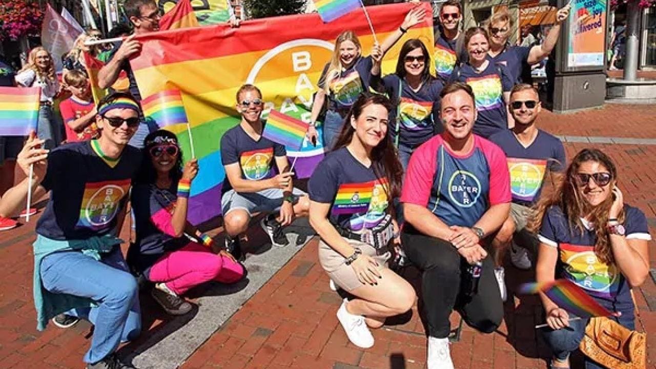 A group of people wearing rainbow-themed shirts and holding pride flags pose together on a brick street.