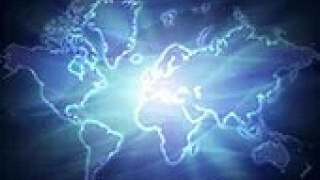 Glowing world map with bright light at the center, surrounded by blue beams extending in various directions.