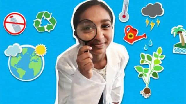 A person in a lab coat holding a magnifying glass surrounded by sustainability icons, including recycling, a globe, and green plants, against a blue background.